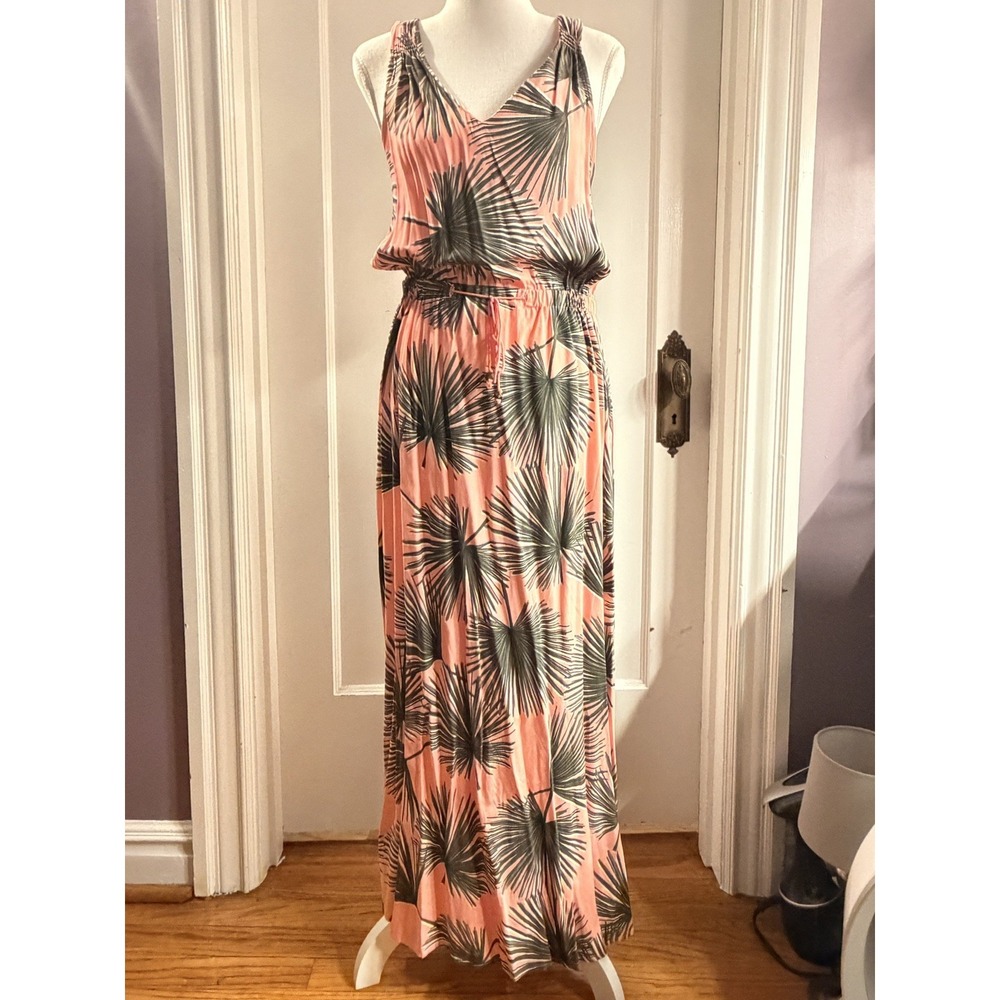 A New Day Sleeveless Pink  Green Tropical Print Maxi Dress Tie Waist Size M NWT
